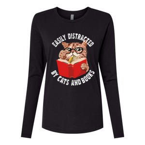 Easily Distracted by Cats and Books Funny Cat & Book Lover Womens Cotton Relaxed Long Sleeve T-Shirt