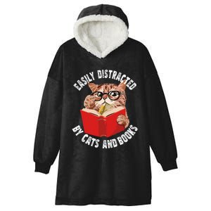 Easily Distracted by Cats and Books Funny Cat & Book Lover Hooded Wearable Blanket