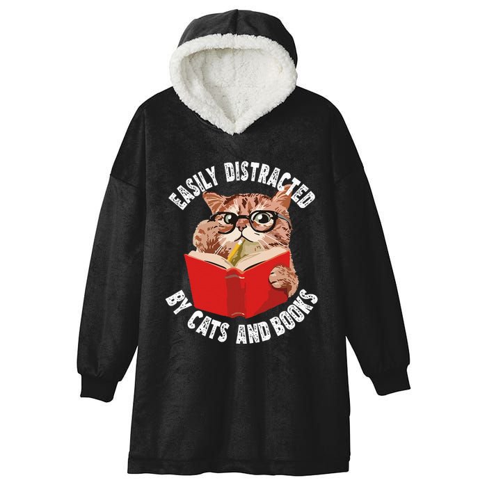 Easily Distracted by Cats and Books Funny Cat & Book Lover Hooded Wearable Blanket