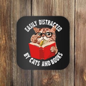 Easily Distracted by Cats and Books Funny Cat & Book Lover Coaster