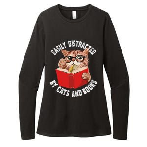 Easily Distracted by Cats and Books Funny Cat & Book Lover Womens CVC Long Sleeve Shirt