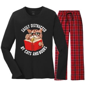 Easily Distracted by Cats and Books Funny Cat & Book Lover Women's Long Sleeve Flannel Pajama Set 