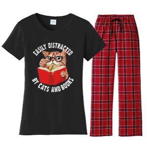 Easily Distracted by Cats and Books Funny Cat & Book Lover Women's Flannel Pajama Set