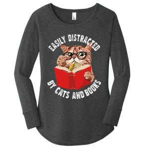 Easily Distracted by Cats and Books Funny Cat & Book Lover Women's Perfect Tri Tunic Long Sleeve Shirt