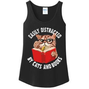 Easily Distracted by Cats and Books Funny Cat & Book Lover Ladies Essential Tank