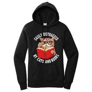 Easily Distracted by Cats and Books Funny Cat & Book Lover Women's Pullover Hoodie