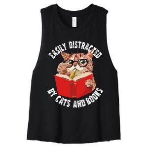 Easily Distracted by Cats and Books Funny Cat & Book Lover Women's Racerback Cropped Tank