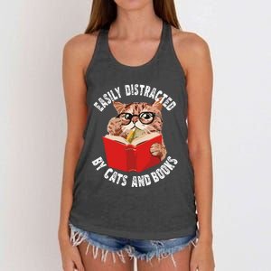 Easily Distracted by Cats and Books Funny Cat & Book Lover Women's Knotted Racerback Tank