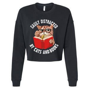 Easily Distracted by Cats and Books Funny Cat & Book Lover Cropped Pullover Crew