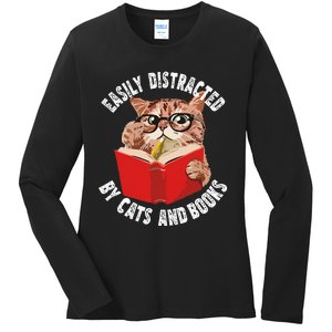 Easily Distracted by Cats and Books Funny Cat & Book Lover Ladies Long Sleeve Shirt