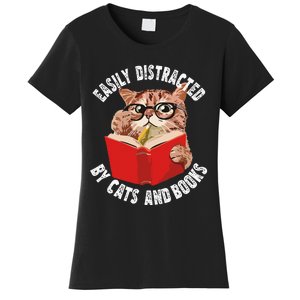 Easily Distracted by Cats and Books Funny Cat & Book Lover Women's T-Shirt