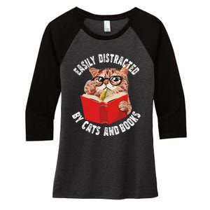 Easily Distracted by Cats and Books Funny Cat & Book Lover Women's Tri-Blend 3/4-Sleeve Raglan Shirt