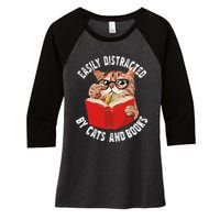 Easily Distracted by Cats and Books Funny Cat & Book Lover Women's Tri-Blend 3/4-Sleeve Raglan Shirt