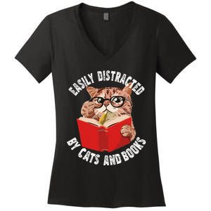 Easily Distracted by Cats and Books Funny Cat & Book Lover Women's V-Neck T-Shirt