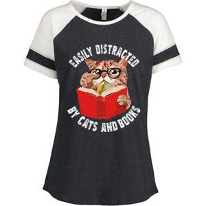 Easily Distracted by Cats and Books Funny Cat & Book Lover Enza Ladies Jersey Colorblock Tee