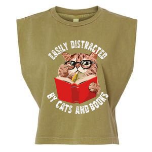 Easily Distracted by Cats and Books Funny Cat & Book Lover Garment-Dyed Women's Muscle Tee