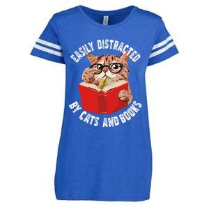 Easily Distracted by Cats and Books Funny Cat & Book Lover Enza Ladies Jersey Football T-Shirt