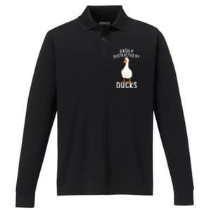 Easily Distracted By Ducks Funny Duck Lover Performance Long Sleeve Polo