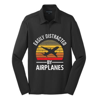 Easily Distracted By Airplanes Airplane Pilot Gift Silk Touch Performance Long Sleeve Polo