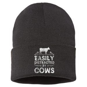 Easily Distracted By Cows Funny Cow Farmer Gifts Tee Sustainable Knit Beanie