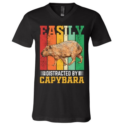 Easily Distracted By Capybara Animal Lover Rodent Gift V-Neck T-Shirt