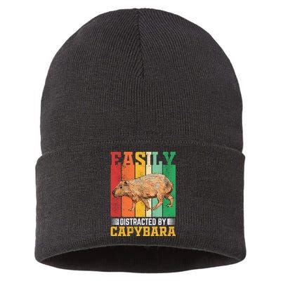 Easily Distracted By Capybara Animal Lover Rodent Gift Sustainable Knit Beanie