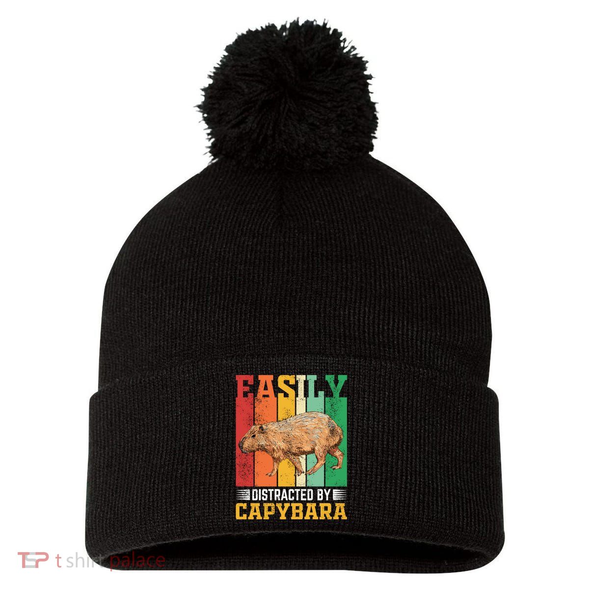 Easily Distracted By Capybara Animal Lover Rodent Gift Pom Pom 12in Knit Beanie