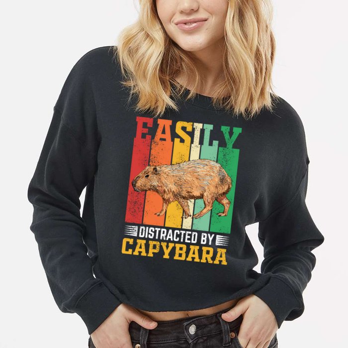 Easily Distracted By Capybara Animal Lover Rodent Gift Cropped Pullover Crew