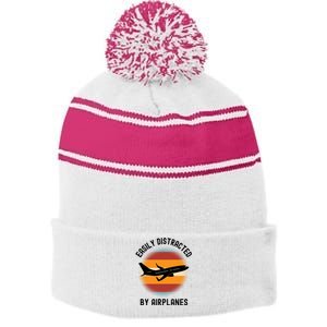 Easily Distracted By Airplanes Aviation Pilot Airplane Lover Cute Gift Stripe Pom Pom Beanie