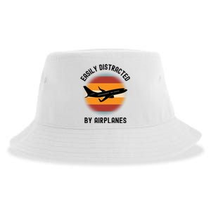 Easily Distracted By Airplanes Aviation Pilot Airplane Lover Cute Gift Sustainable Bucket Hat