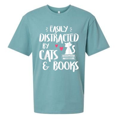 Easily Distracted By Cats And Books Cat & Book Lover Sueded Cloud Jersey T-Shirt