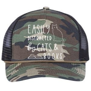 Easily Distracted By Cats And Books Funny Cat & Book Lover Retro Rope Trucker Hat Cap