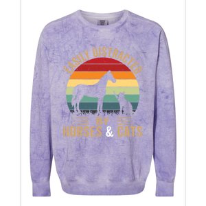 Easily Distracted By Horse And Cats Great Gift Horse Riding Gift Colorblast Crewneck Sweatshirt