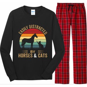 Easily Distracted By Horse And Cats Great Gift Horse Riding Gift Long Sleeve Pajama Set