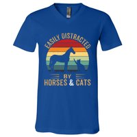 Easily Distracted By Horse And Cats Great Gift Horse Riding Gift V-Neck T-Shirt