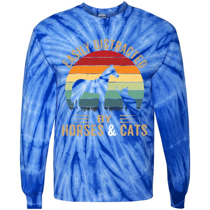 Easily Distracted By Horse And Cats Great Gift Horse Riding Gift Tie-Dye Long Sleeve Shirt