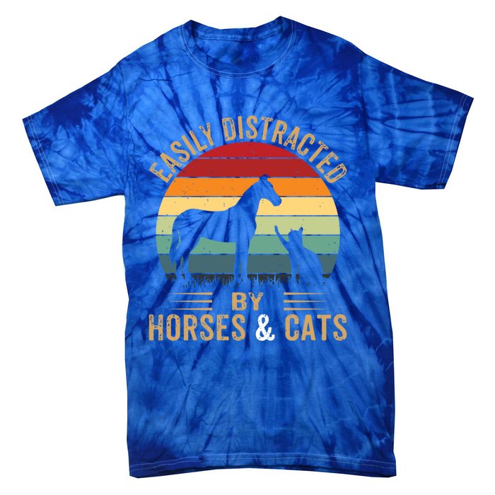 Easily Distracted By Horse And Cats Great Gift Horse Riding Gift Tie-Dye T-Shirt