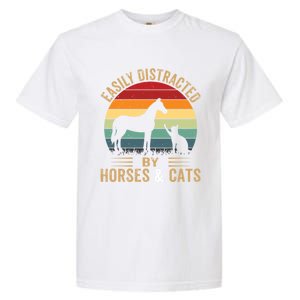 Easily Distracted By Horse And Cats Great Gift Horse Riding Gift Garment-Dyed Heavyweight T-Shirt