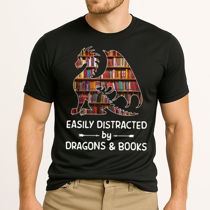Easily Distracted By Dragon And Books Nerds Meaningful Gift Cooling Performance Crew T-Shirt