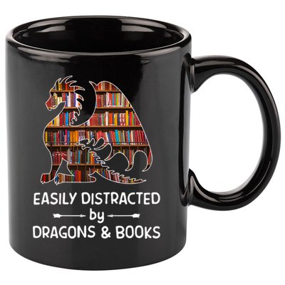 Easily Distracted By Dragon And Books Nerds Meaningful Gift 11oz C Handle Ceramic Mug