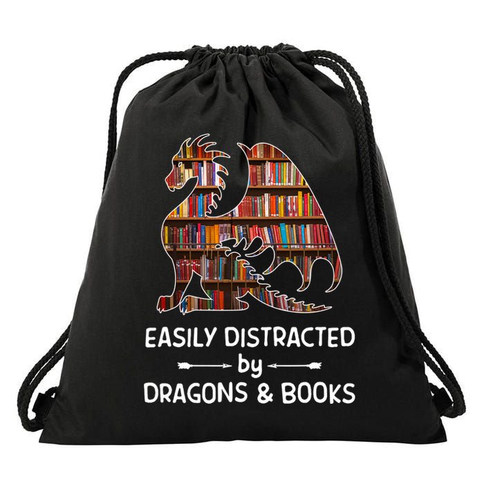 Easily Distracted By Dragon And Books Nerds Meaningful Gift Drawstring Bag