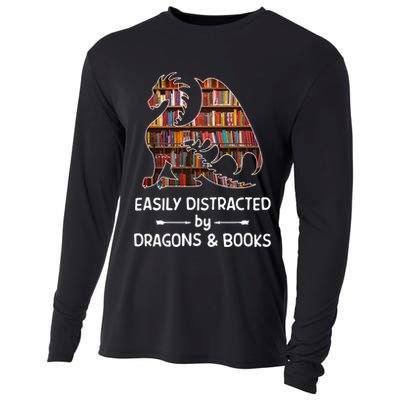 Easily Distracted By Dragon And Books Nerds Meaningful Gift Cooling Performance Long Sleeve Crew