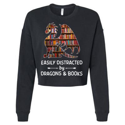 Easily Distracted By Dragon And Books Nerds Meaningful Gift Cropped Pullover Crew