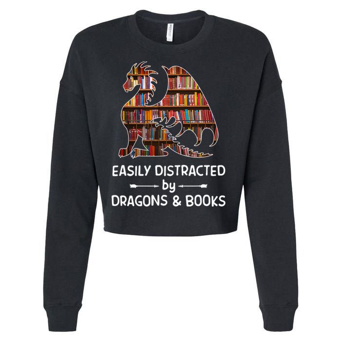 Easily Distracted By Dragon And Books Nerds Meaningful Gift Cropped Pullover Crew