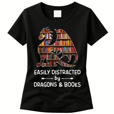 Easily Distracted By Dragon And Books Nerds Meaningful Gift Womens T-Shirt