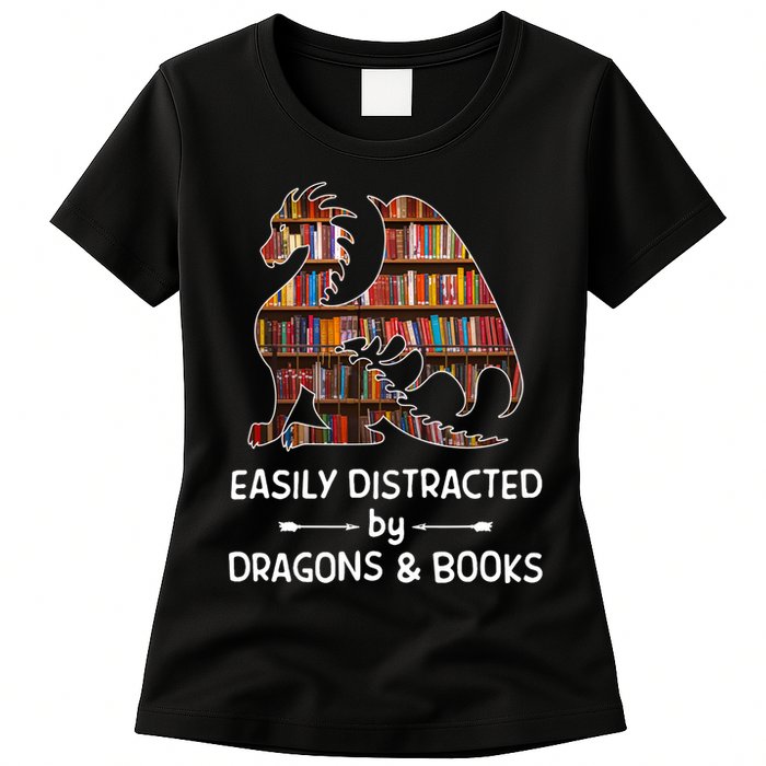 Easily Distracted By Dragon And Books Nerds Meaningful Gift Womens T-Shirt