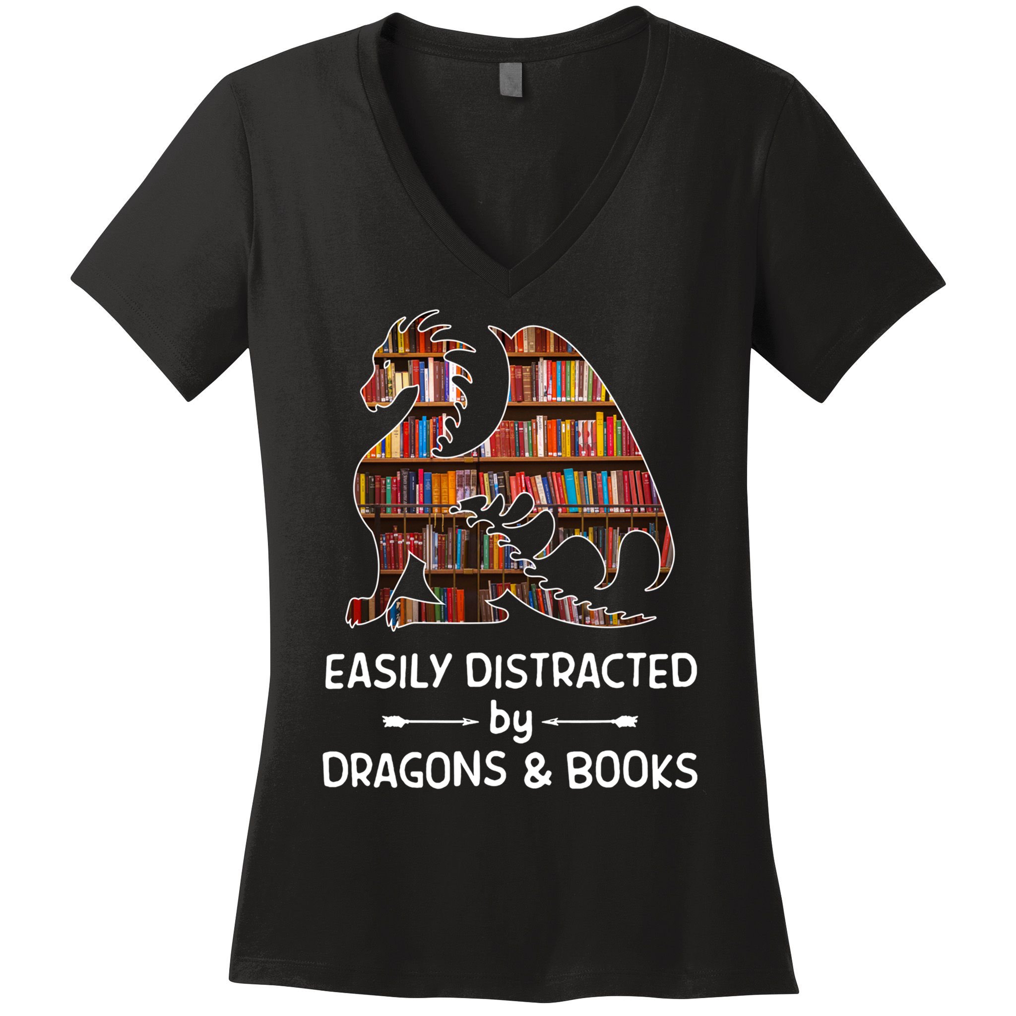 Easily Distracted By Dragon And Books Nerds Meaningful Gift Women's V-Neck T-Shirt
