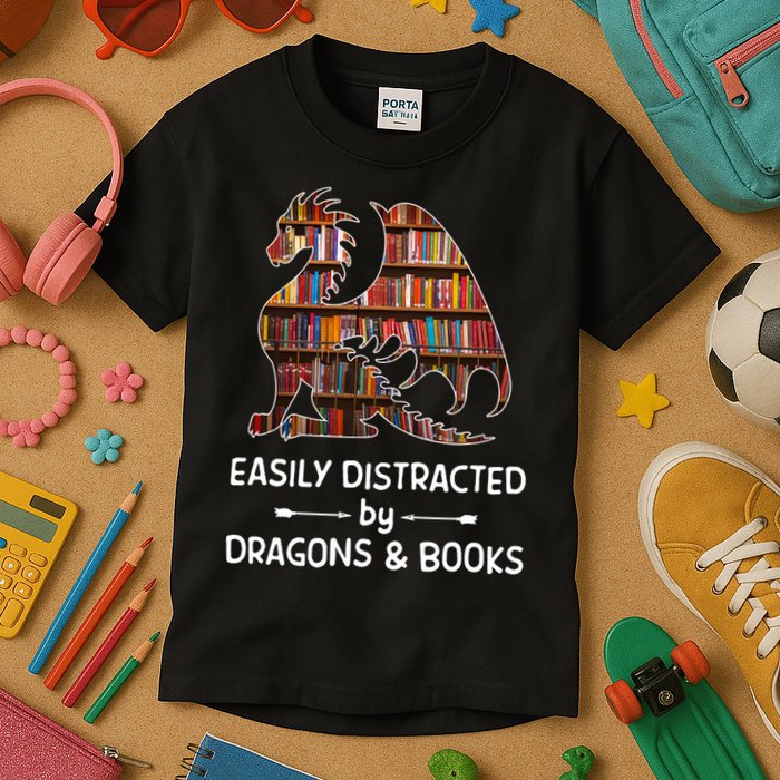 Easily Distracted By Dragon And Books Nerds Meaningful Gift Kids T-Shirt
