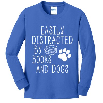 Easily Distracted By Books And Dogs Funny Geek Animal Lover Gift Kids Long Sleeve Shirt