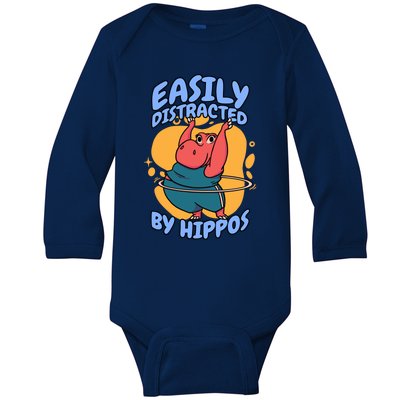 Easily Distracted By Hippos Hippopotamus Hippo Gift Baby Long Sleeve Bodysuit